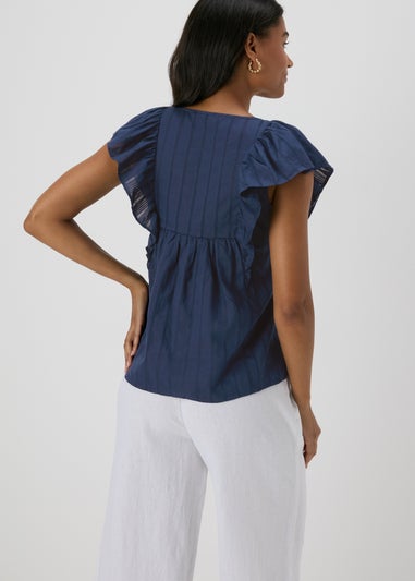 Navy Dobby Frill Sleeve V-Neck Blouse