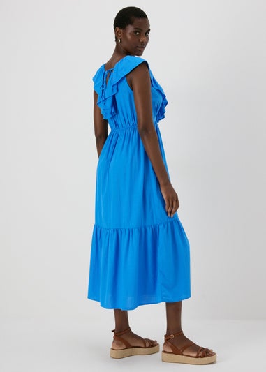 Blue Frill V-Neck Midi Dress