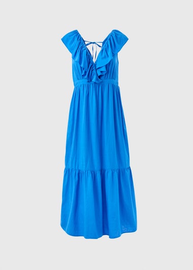 Blue Frill V-Neck Midi Dress