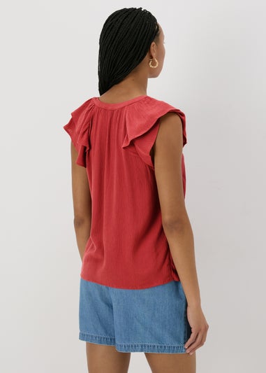 Red Ruffle Sleeve V-Neck Blouse