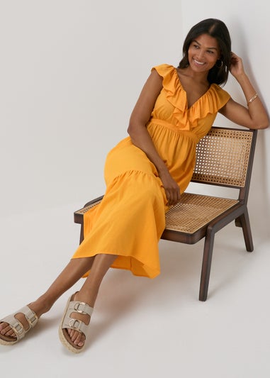 Yellow Frill V-Neck Midi Dress