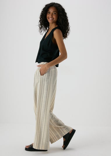 Ecru Stripe Cotton Wide Leg Trousers