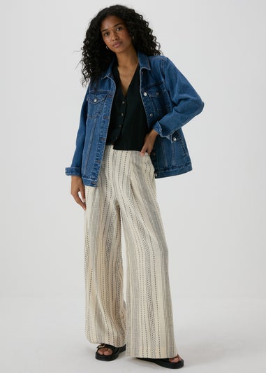 Ecru Stripe Cotton Wide Leg Trousers