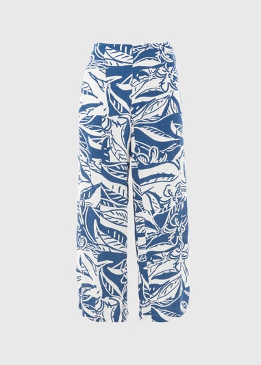 Blue Printed Crinkle Crop Trousers