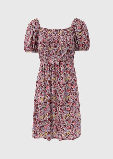 Multicolour Floral Puff Sleeve Midi Dress