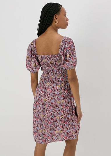 Multicolour Floral Puff Sleeve Midi Dress