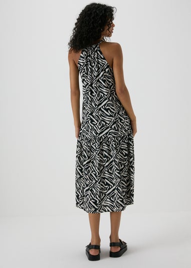 Black Animal Print Plaited Neck Midi Dress