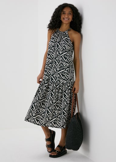 Black Animal Print Plaited Neck Midi Dress