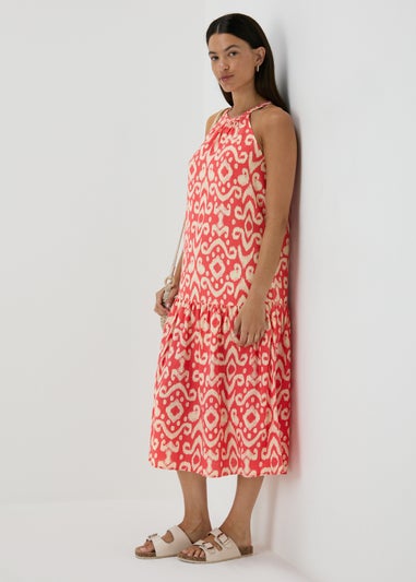 Red Printed Plaited Neck Midi Dress