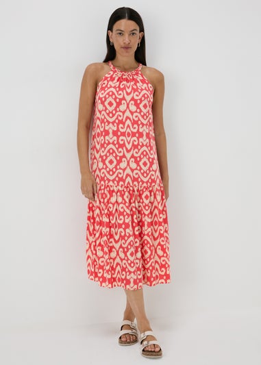 Red Printed Plaited Neck Midi Dress