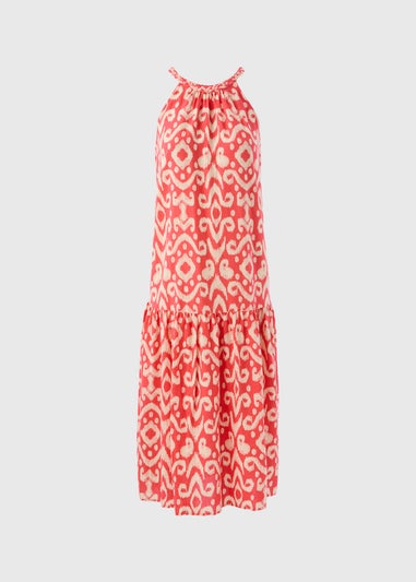 Red Printed Plaited Neck Midi Dress