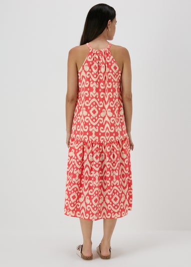 Red Printed Plaited Neck Midi Dress