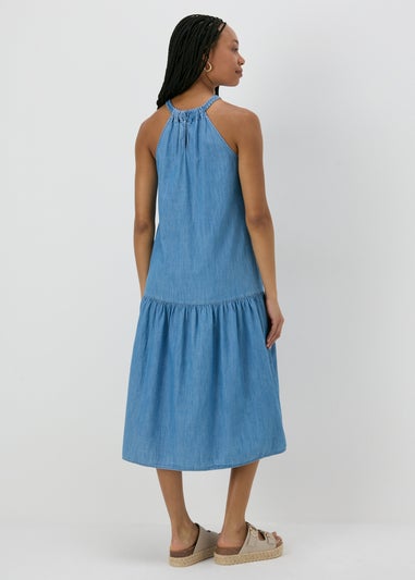 Denim Plaited Neck Midi Dress