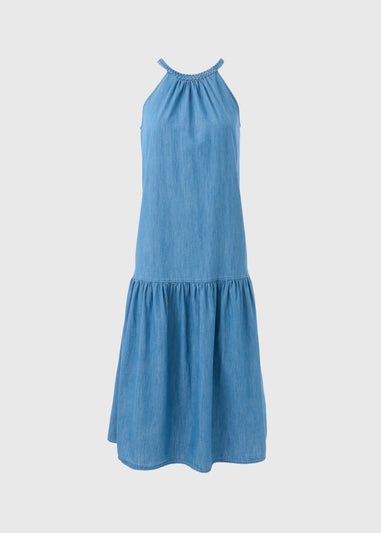 Denim Plaited Neck Midi Dress