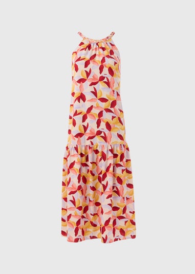 Multicolour Leaf Print Plaited Neck Midi Dress