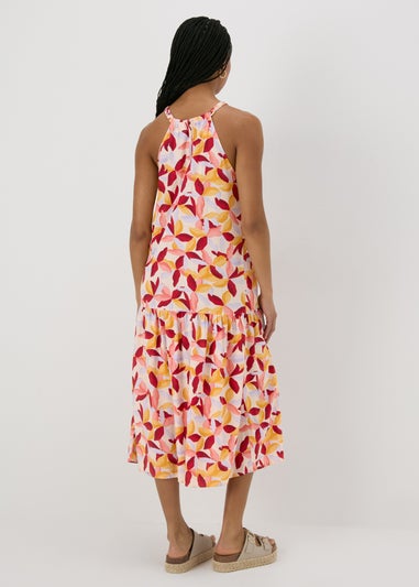 Multicolour Leaf Print Plaited Neck Midi Dress