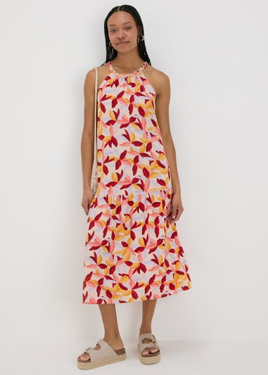 Multicolour Leaf Print Plaited Neck Midi Dress