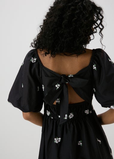 Black Floral Tie Back Midi Dress