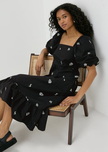 Black Floral Tie Back Midi Dress