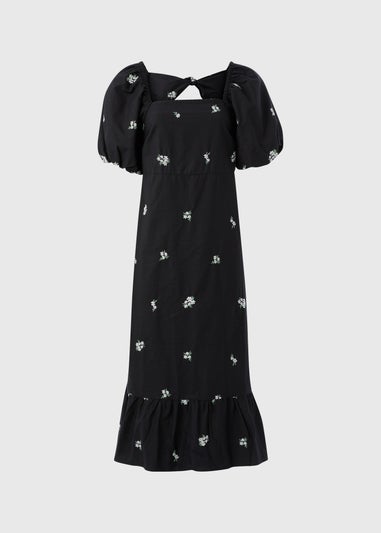 Black Floral Tie Back Midi Dress