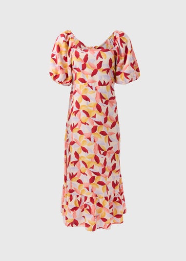 Multicolour Leaf Print Puff Sleeve Midi Dress