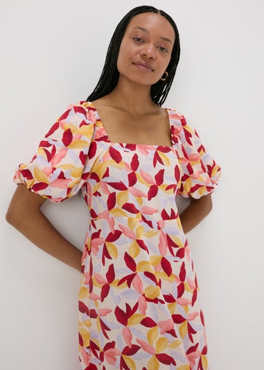 Multicolour Leaf Print Puff Sleeve Midi Dress