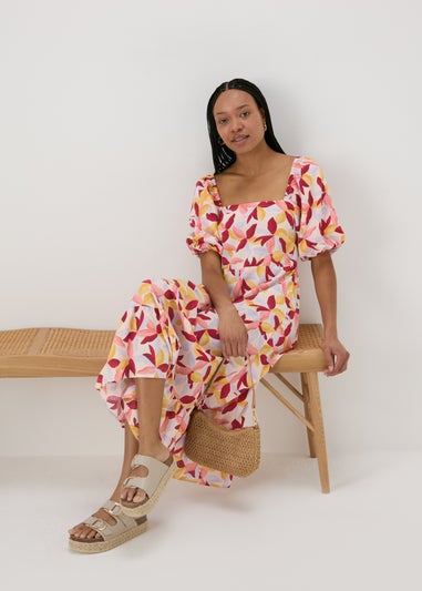 Multicolour Leaf Print Puff Sleeve Midi Dress