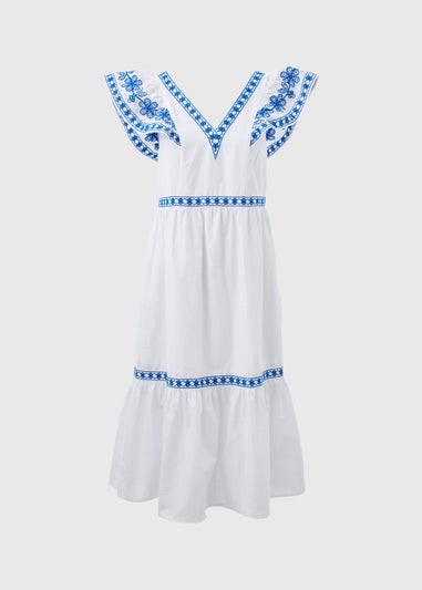 White Embroidered Trim Midi Dress