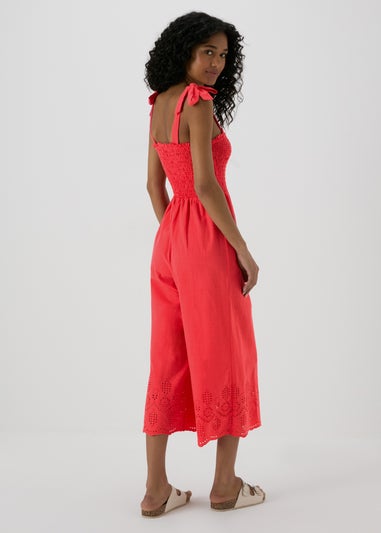 Red Embroidered Hem Jumpsuit