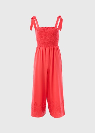 Red Embroidered Hem Jumpsuit