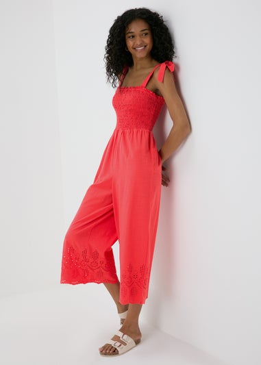 Red Embroidered Hem Jumpsuit