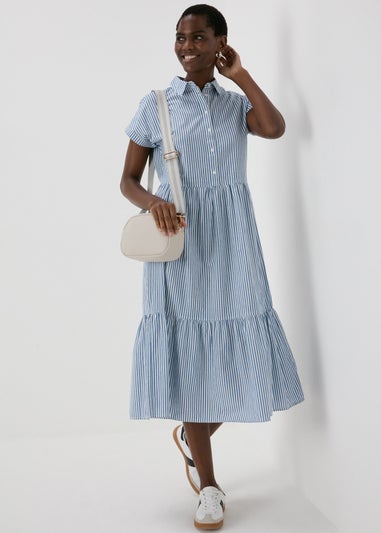 Blue Stripe Tiered Shirt Midi Dress