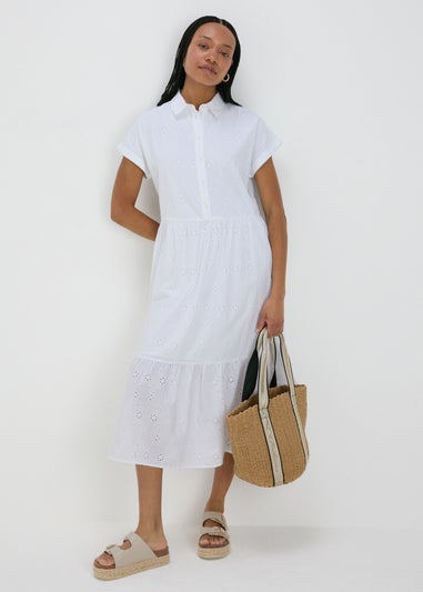 White Broderie Shirt Midi Dress