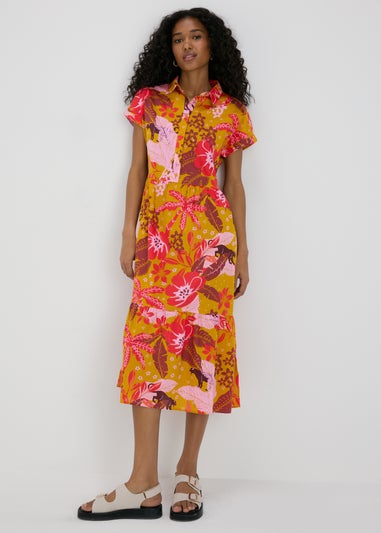 Multicolour Floral Print Shirt Midi Dress