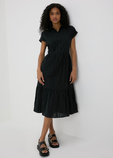 Black Dobby Stripe Shirt Midi Dress