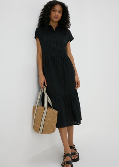 Black Dobby Stripe Shirt Midi Dress