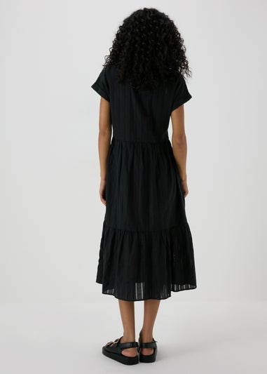 Black Dobby Stripe Shirt Midi Dress