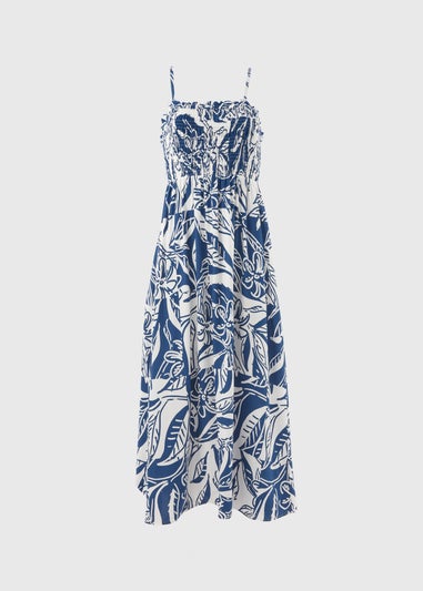 Blue Printed Shirred Midi Dress