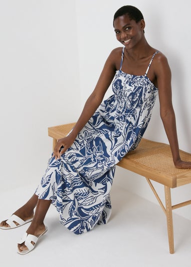 Blue Printed Shirred Midi Dress