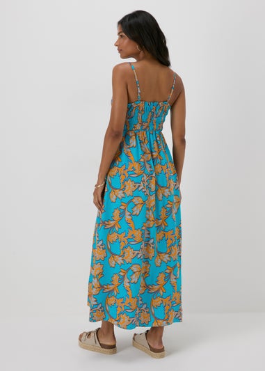 Turquoise Floral Shirred Midi Dress