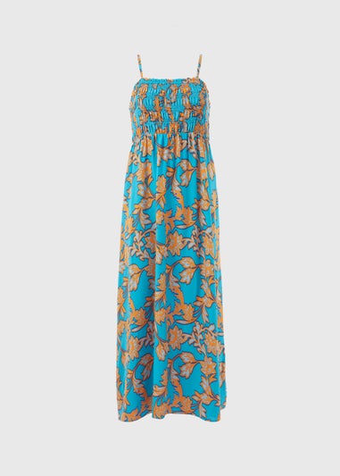 Turquoise Floral Shirred Midi Dress