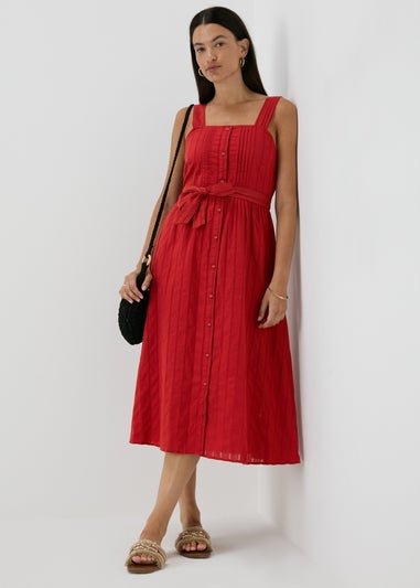 Papaya Red Dobby Stripe Midi Dress