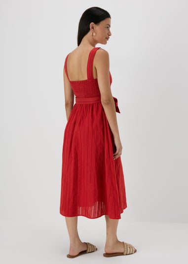 Papaya Red Dobby Stripe Midi Dress