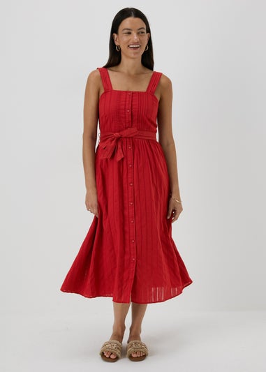 Papaya Red Dobby Stripe Midi Dress