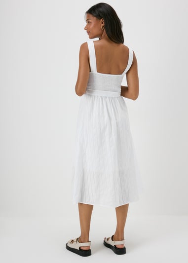 White Dobby Stripe Button Front Midi Dress