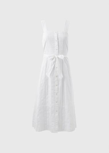 White Dobby Stripe Button Front Midi Dress