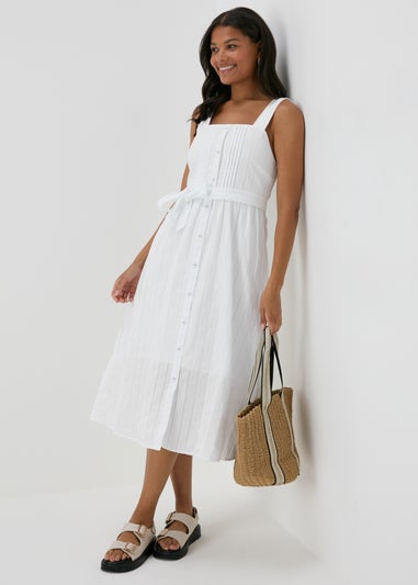 White Dobby Stripe Button Front Midi Dress