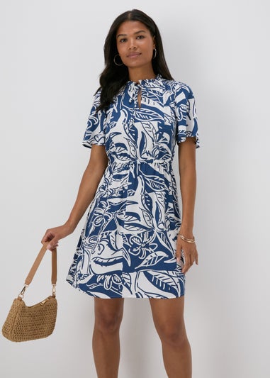 Blue Printed Tie Neck Mini Dress