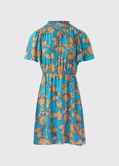 Turquoise Floral Tie Neck Mini Dress