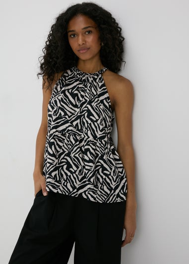 Black Animal Print Plaited Neck Cami Top